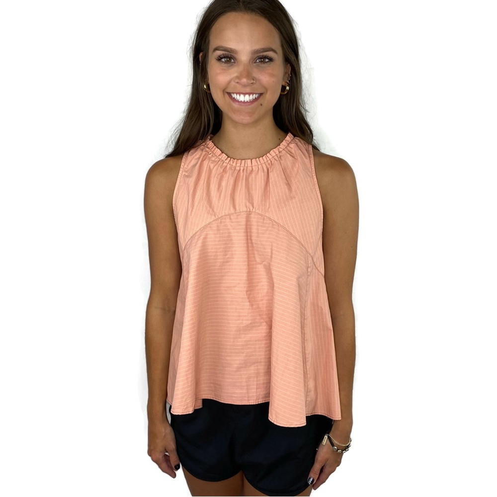 Free People Sleeveless Seersucker Smocked Top with Ruffled Neck Sepia
